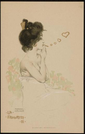 Woman in profile smoking and blowing heart-shaped smoke puffs, from the series The Favorite