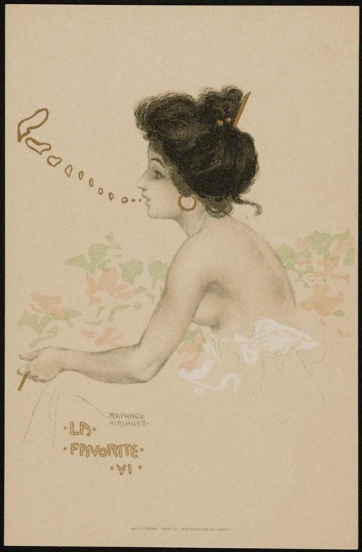 Woman in profile smoking and blowing heart-shaped smoke puffs, from the series The Favorite
