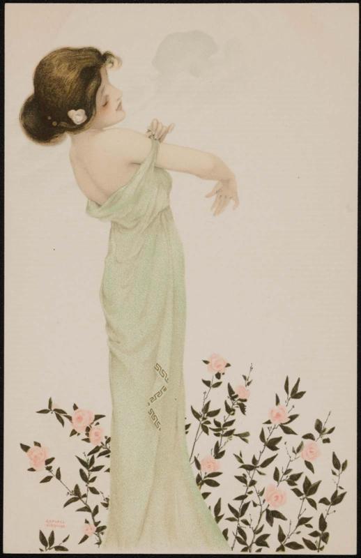 Pink rose bushes and green dress, from the series Women with Flowers at Feet