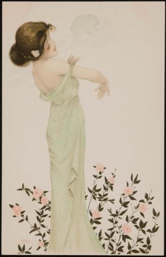 Pink rose bushes and green dress, from the series Women with Flowers at Feet