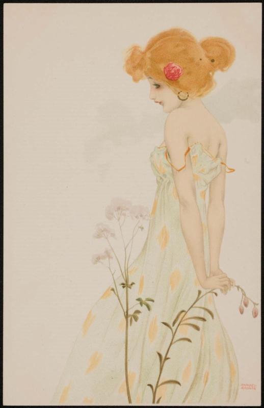 Printed dress and purple flowers, from the series Women with Flowers at Feet