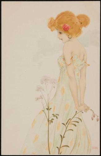 Printed dress and purple flowers, from the series Women with Flowers at Feet