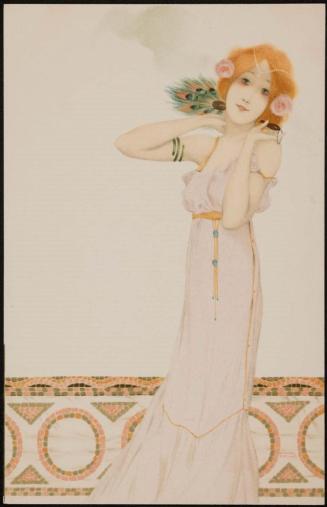 Pink dress and peacock feathers, from the series Women with Flowers at Feet