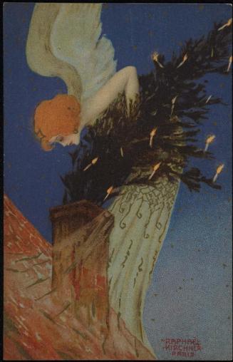 Angel putting a Christmas tree down a chimney