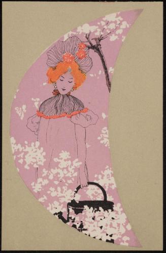 Basket of cherry blossoms, from the series Girls with olive-green background