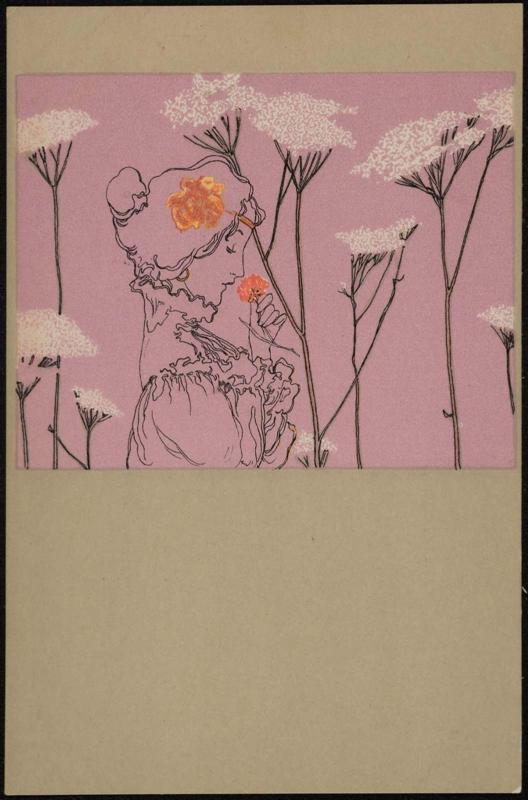 Amid large flowers, from the series Girls with olive-green background