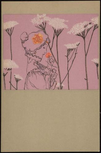 Amid large flowers, from the series Girls with olive-green background