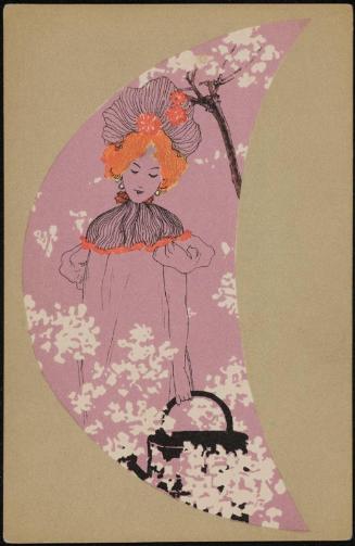 Basket of cherry blossoms, from the series Girls with olive-green background