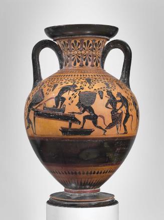 Two-handled storage jar (amphora) with satyrs treading grapes