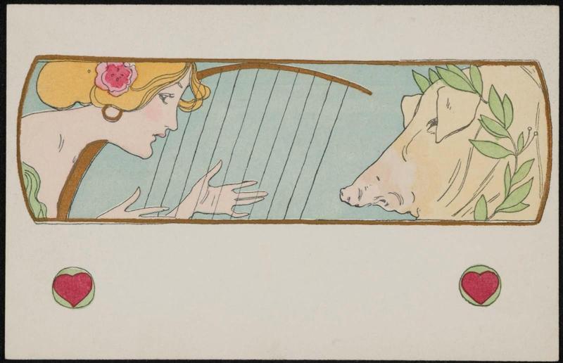Playing a lyre, from the series Girls posing with pigs