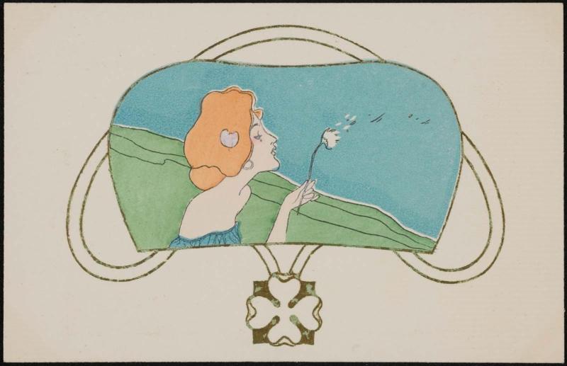 Blowing on a dandelion, from the series Girls in frames with gilded clover leaves