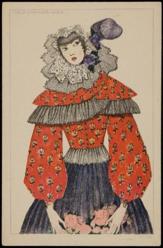 Woman in a red shirt and purple skirt