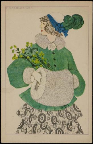 Woman wearing a green jacket with green flowers