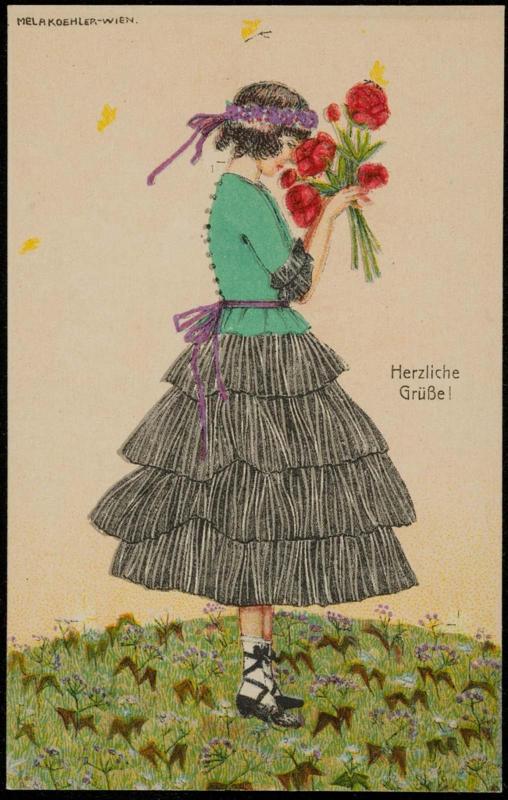 Woman in a green shirt and black skirt holding roses