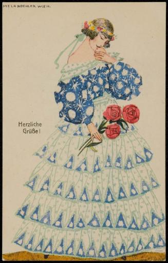 Woman in a blue and aqua dress holding roses