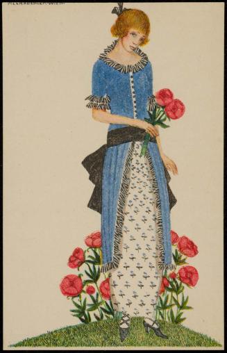 Woman in a blue dress holding roses