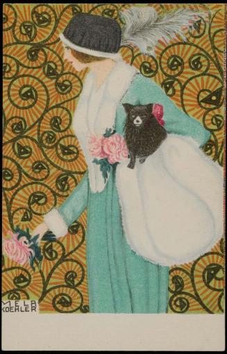 Black dog and a woman in a white fur-trimmed coat