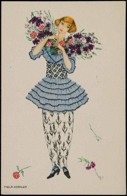 Blue ruffled dress with two bouquets