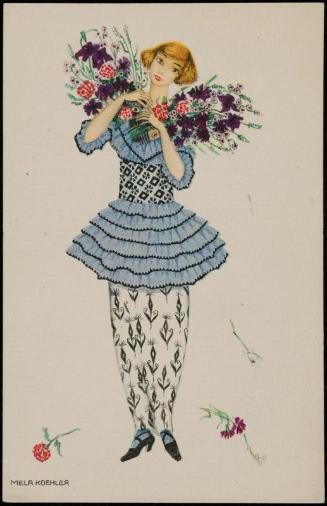 Blue ruffled dress with two bouquets