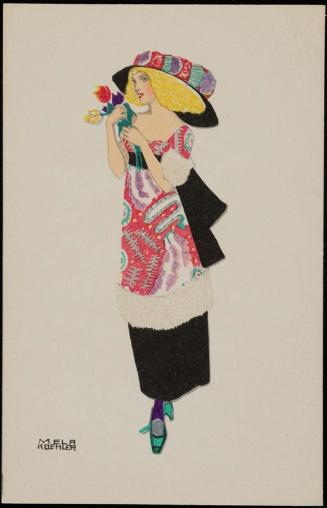 Blond haired woman in a printed dress and matching hat