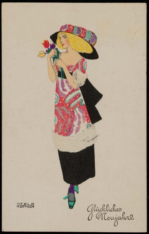 Blond haired woman in a printed dress and matching hat