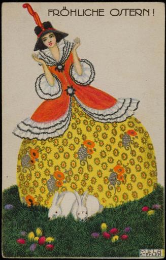 Bright yellow egg dress with two bunnies