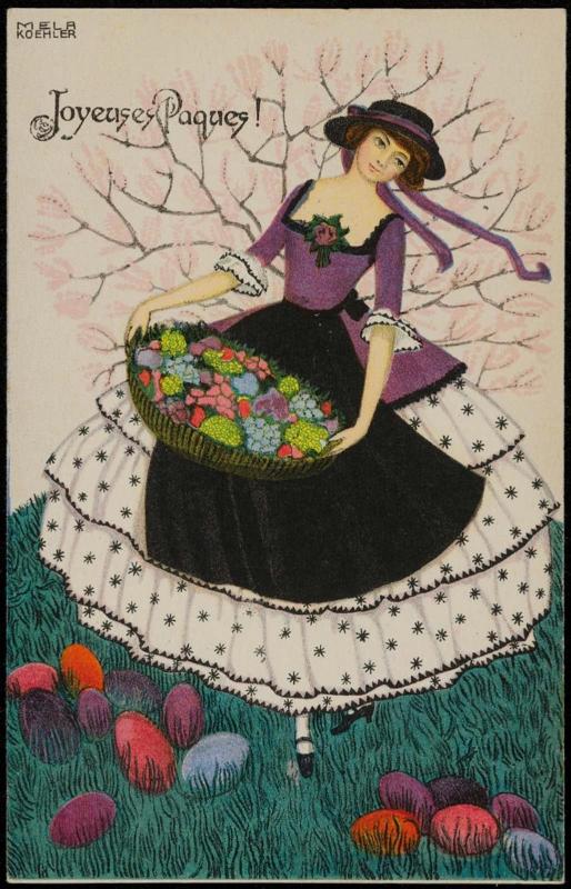 Basket of flowers and easter eggs on the ground