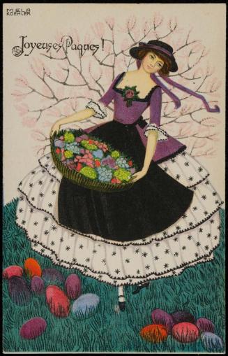 Basket of flowers and easter eggs on the ground