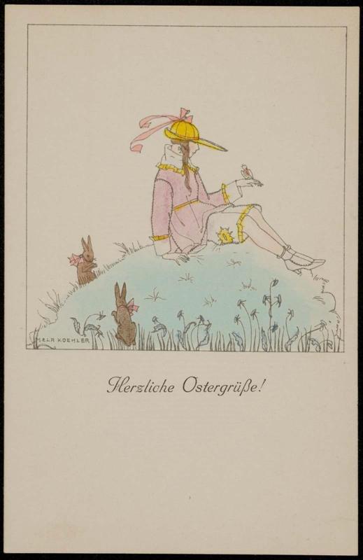 Girl with a small bird and two bunnies