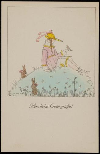 Girl with a small bird and two bunnies