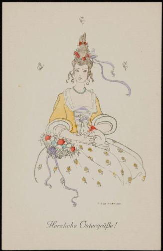 Woman with a white bunny and a basket of eggs