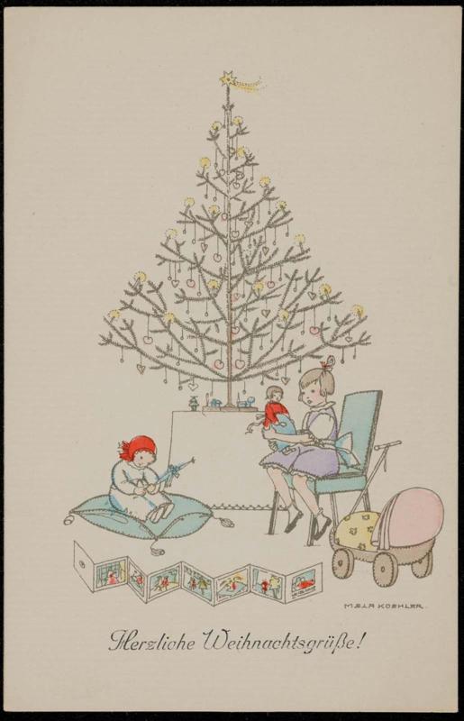 Two girls next to a Christmas tree
