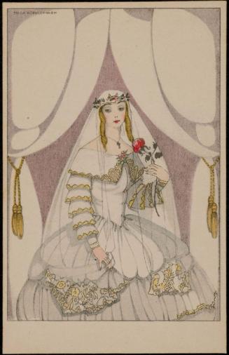 Woman in a white dress, holding a rose
