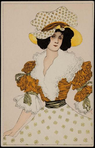 Woman in a printed dress and hat