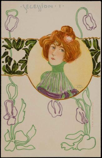 Red-haired woman in a green and purple dress