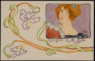 Red-haired woman with a fan