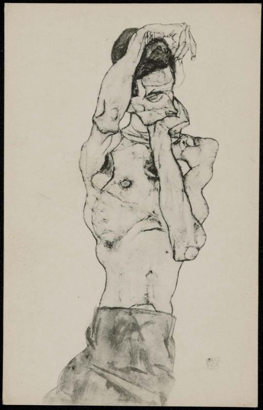 Nude torso of a man holding his head