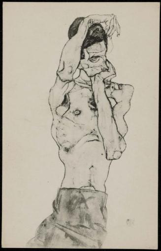 Nude torso of a man holding his head