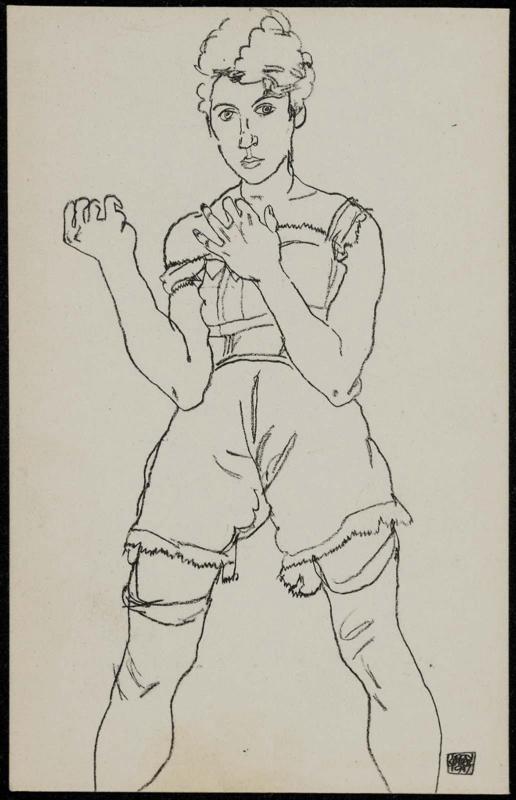 Line drawing of a woman in underclothes