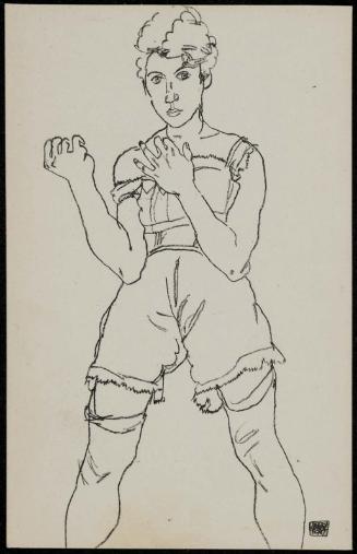 Line drawing of a woman in underclothes