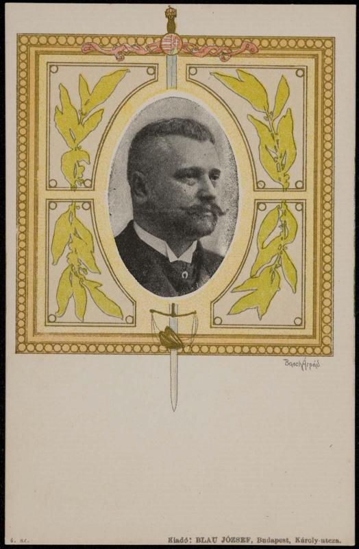 Photographic portrait of Military figure with sword, flag and wreath