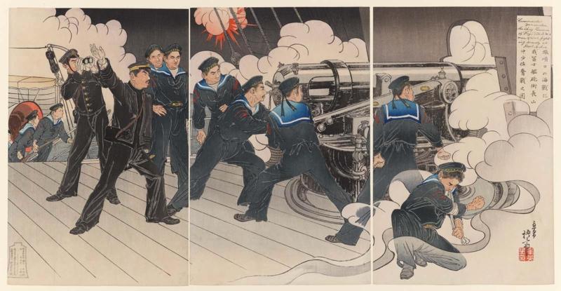 Lieutenant Commander Yamanaka, Chief Gunner of Our Ship Fuji, Fights Fiercely in the Naval Battle at the Entrance to Port Arthur (Ryojunkô no kaisen ni waga Fuji hôjutsuchô Yamanaka shôsa funsen)