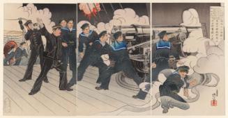 Lieutenant Commander Yamanaka, Chief Gunner of Our Ship Fuji, Fights Fiercely in the Naval Battle at the Entrance to Port Arthur (Ryojunkô no kaisen ni waga Fuji hôjutsuchô Yamanaka shôsa funsen)