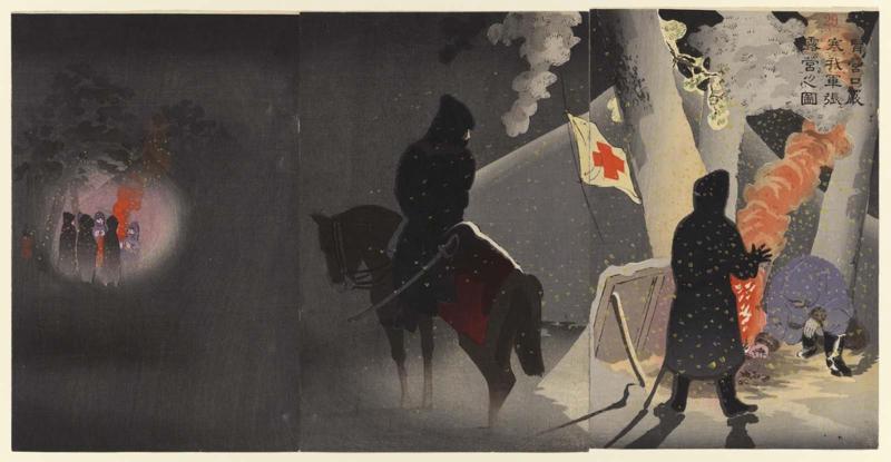 Braving the Bitter Cold, Our Troops Set Up Camp at Yingkou (Eikô no genkan o okashite waga gun roei o haru no zu)