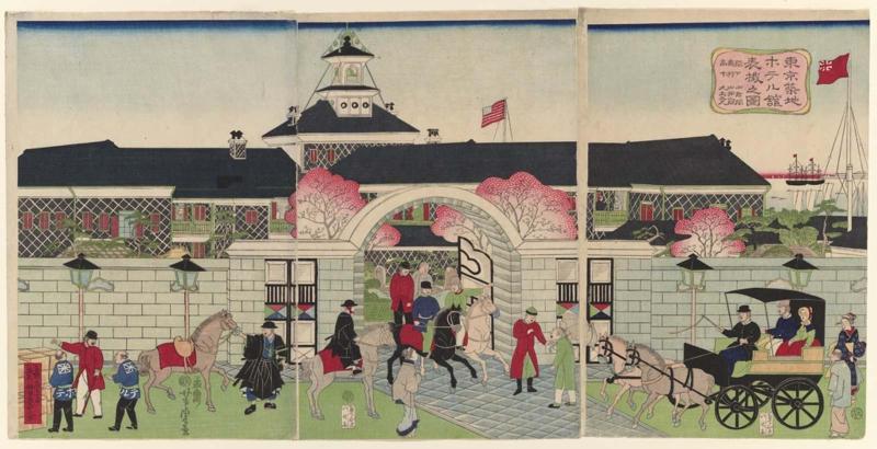 The Front Entrance of the Tsukiji Hotel in Tokyo (Tôkyô Tsukiji Hoterukan omotegake no zu)