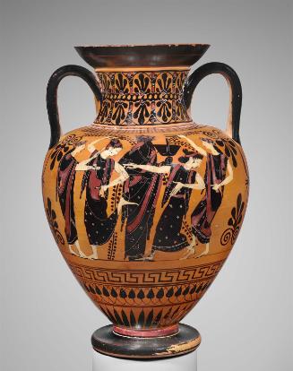 Two-handled jar (amphora) with Herakles and the Nemean Lion (obverse) and Dionysos and maenads dancing (reverse)