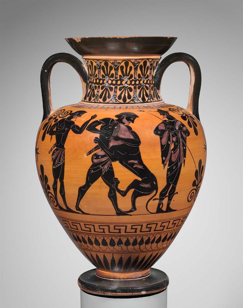 Two-handled jar (amphora) with Herakles and the Nemean Lion (obverse) and Dionysos and maenads dancing (reverse)