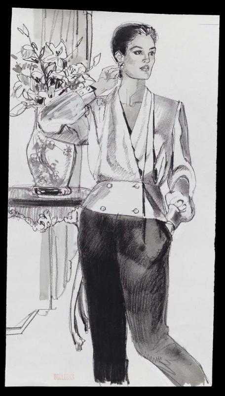 Model in v-neck wrap blouse and slacks