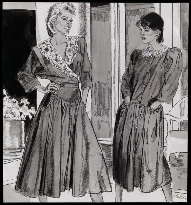 Two models in day dresses with lace collars