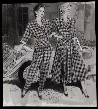 Two models in bold check daywear